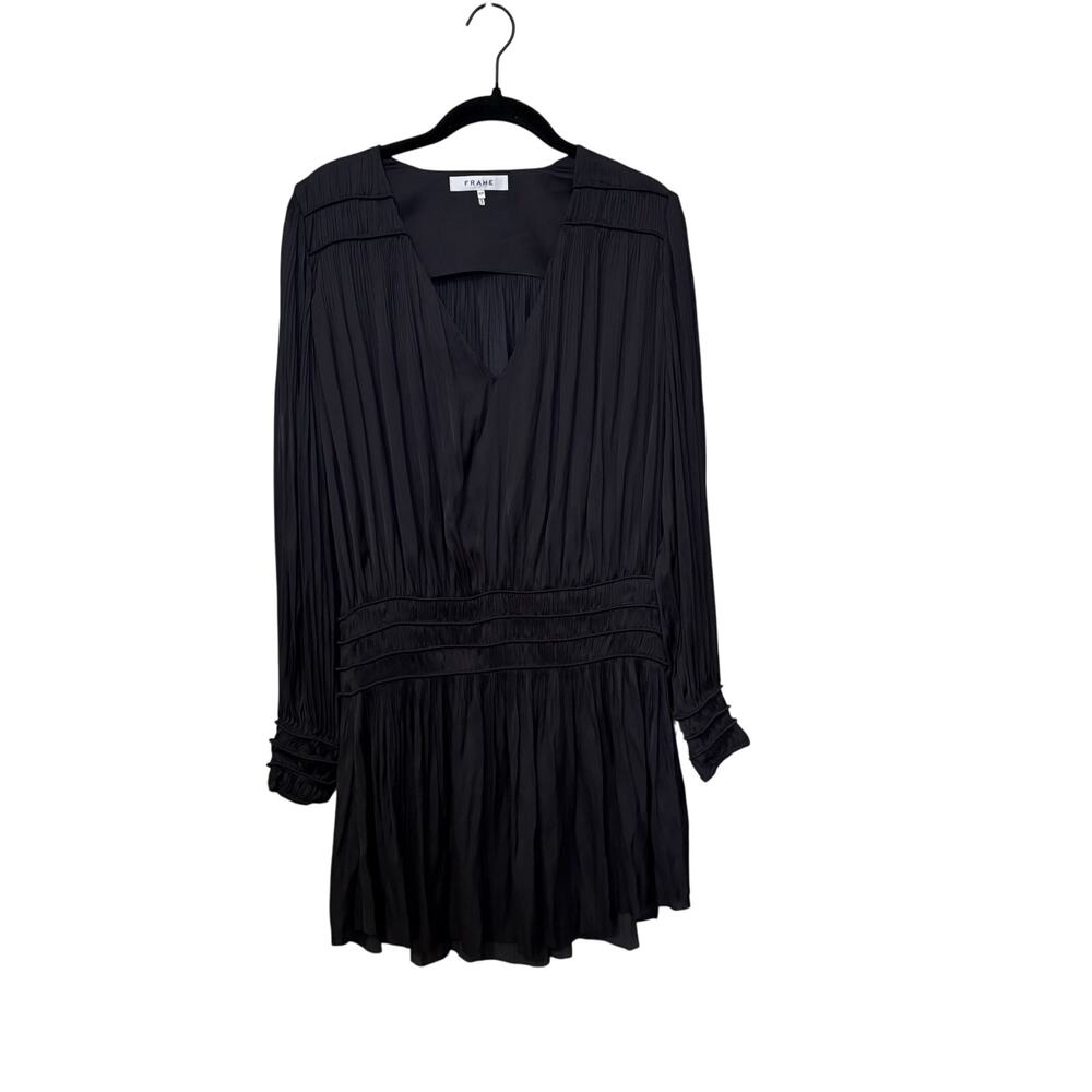 FRAME Black Pleated Long Sleeve V Neck Mini Dress Size Small - Picture 2 of 6